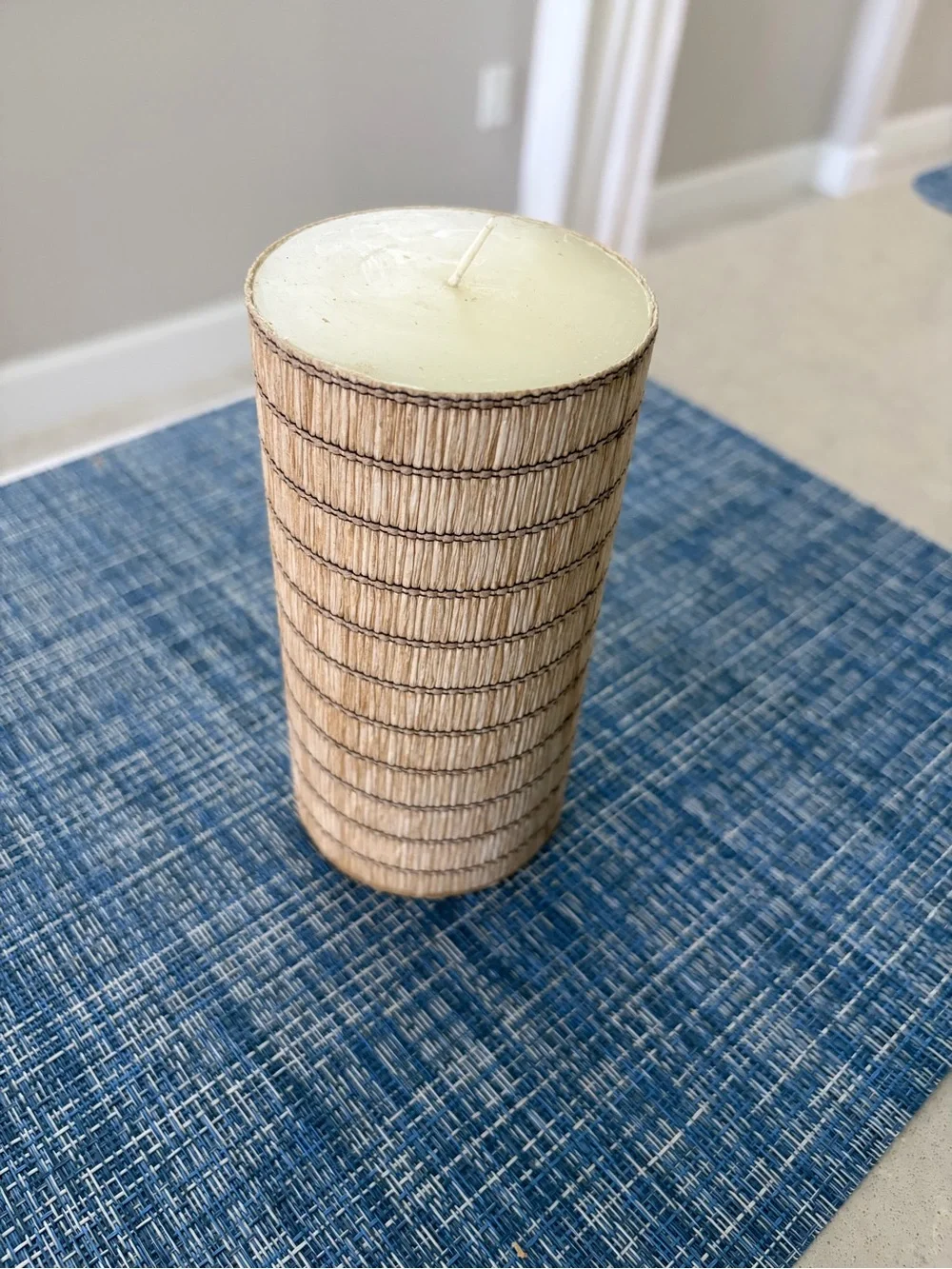 Pottery Barn Raffia Wrapped Unscented Pillar Candle